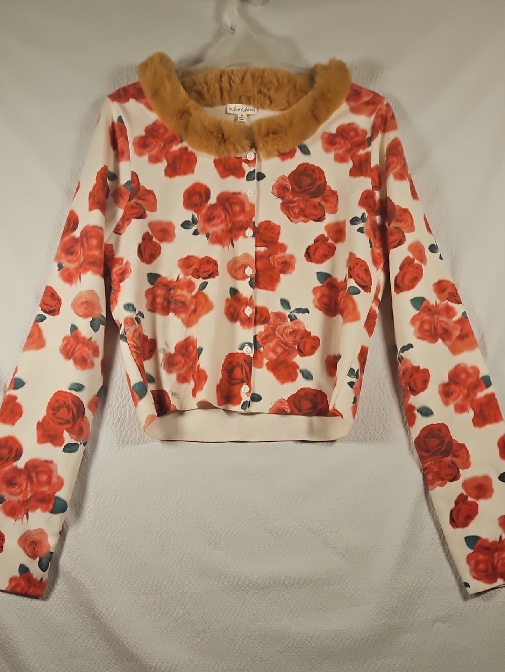 For Love & Lemons Floral Button-Front Top with Faux Fur Collar - Cream & Red